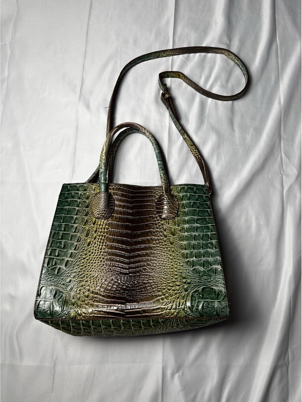 Embossed Croc Print Satchel Crossbody Bag Green Brown Faux Leather Large